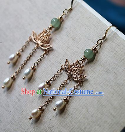 Chinese Traditional Hanfu Golden Lotus Pearls Ear Accessories Ancient Qing Dynasty Princess Earrings for Women