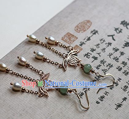 Chinese Traditional Hanfu Golden Lotus Pearls Ear Accessories Ancient Qing Dynasty Princess Earrings for Women