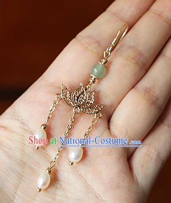 Chinese Traditional Hanfu Golden Lotus Pearls Ear Accessories Ancient Qing Dynasty Princess Earrings for Women