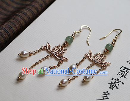 Chinese Traditional Hanfu Golden Lotus Pearls Ear Accessories Ancient Qing Dynasty Princess Earrings for Women