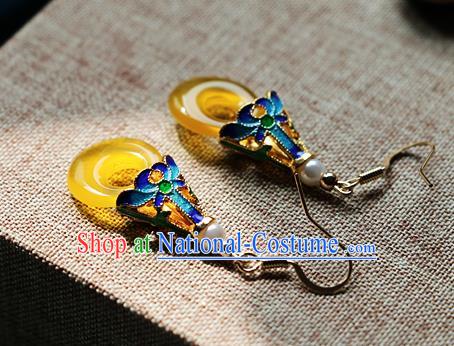 Chinese Traditional Hanfu Yellow Jade Ear Accessories Ancient Qing Dynasty Princess Earrings for Women