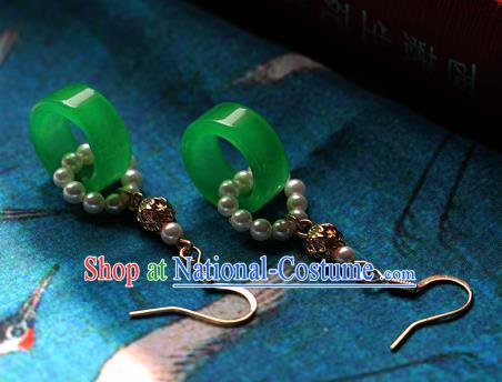 Chinese Traditional Hanfu Jade Pearls Ear Accessories Ancient Qing Dynasty Princess Earrings for Women