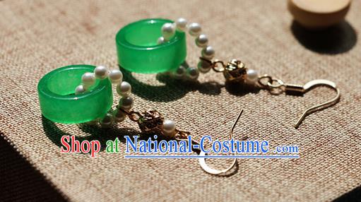 Chinese Traditional Hanfu Jade Pearls Ear Accessories Ancient Qing Dynasty Princess Earrings for Women