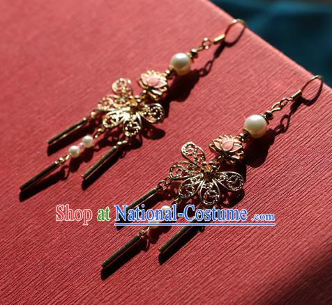 Chinese Traditional Hanfu Golden Butterfly Lotus Ear Accessories Ancient Qing Dynasty Princess Earrings for Women