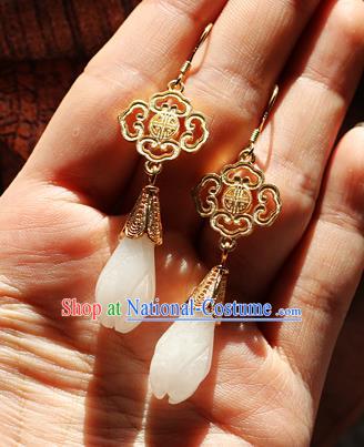 Chinese Traditional Hanfu Jade Magnolia Ear Accessories Ancient Qing Dynasty Princess Earrings for Women