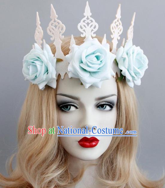 Handmade Halloween Cosplay Blue Roses Headwear Fancy Ball Stage Show Royal Crown for Women