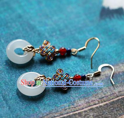 Chinese Traditional Hanfu White Jade Ring Ear Accessories Ancient Qing Dynasty Princess Earrings for Women