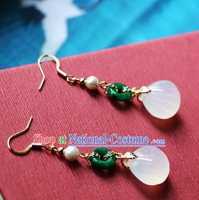 Chinese Traditional Hanfu White Jade Shell Ear Accessories Ancient Qing Dynasty Princess Earrings for Women