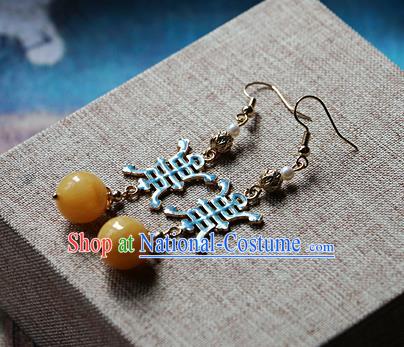 Chinese Traditional Hanfu Cloisonne Yellow Jade Ear Accessories Ancient Qing Dynasty Princess Earrings for Women