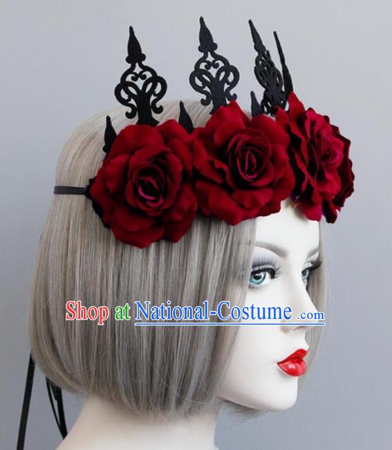 Handmade Halloween Cosplay Red Roses Headwear Fancy Ball Stage Show Royal Crown for Women