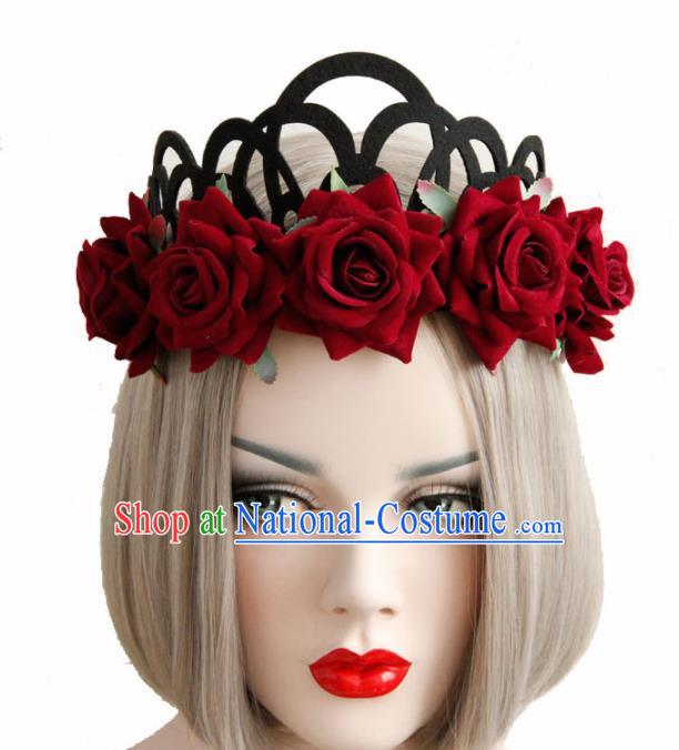 Halloween Handmade Cosplay Queen Headwear Fancy Ball Stage Show Red Roses Royal Crown for Women