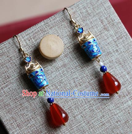 Chinese Traditional Hanfu Cloisonne Lotus Agate Ear Accessories Ancient Qing Dynasty Princess Earrings for Women