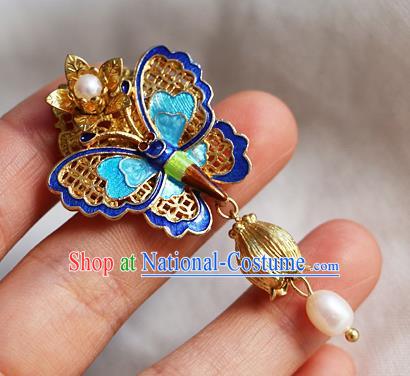 Chinese Qing Dynasty Cloisonne Butterfly Pearl Brooch Pendant Traditional Hanfu Ancient Imperial Consort Accessories for Women