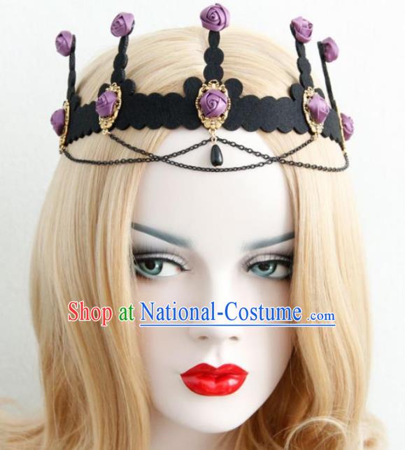 Halloween Handmade Cosplay Queen Purple Silk Roses Royal Crown Fancy Ball Stage Show Headwear for Women