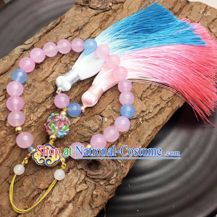 Chinese Traditional Hanfu Pink Beads Tassel Accessories Ancient Qing Dynasty Imperial Consort Brooch Pendant for Women