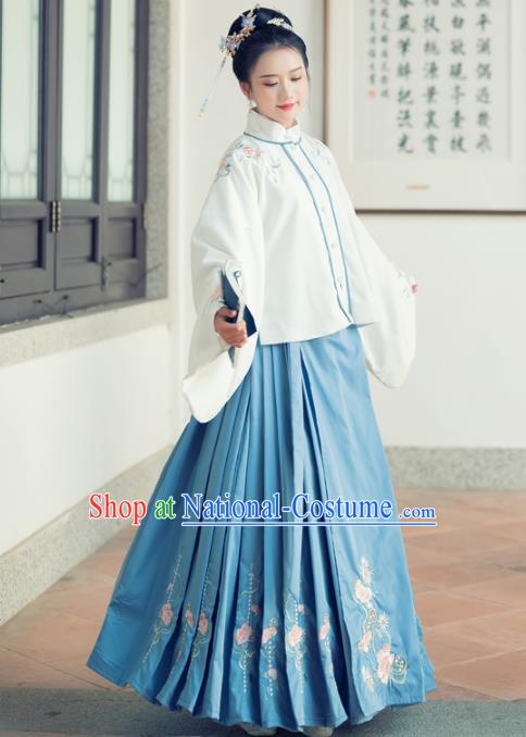 Traditional Chinese Ancient Ming Dynasty Aristocratic Rich Lady Replica Costumes White Blouse and Blue Skirt for Women