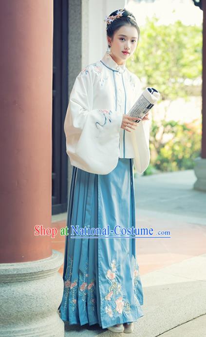 Traditional Chinese Ancient Ming Dynasty Aristocratic Rich Lady Replica Costumes White Blouse and Blue Skirt for Women