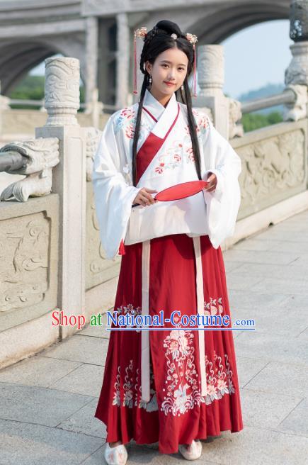 Traditional Chinese Ming Dynasty Court Princess Replica Costumes Ancient Red Hanfu Cape Complete Set for Women