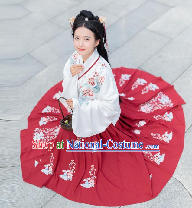 Traditional Chinese Ming Dynasty Court Princess Replica Costumes Ancient Red Hanfu Cape Complete Set for Women