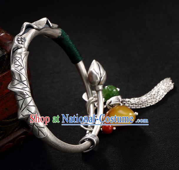 Chinese Traditional Hanfu Jewelry Accessories Carving Sliver Bracelet Ancient Qing Dynasty Princess Bangle for Women