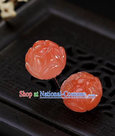 Chinese Traditional Hanfu Court Red Jade Lotus Ear Accessories Ancient Qing Dynasty Princess Earrings for Women