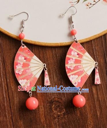 Chinese Traditional Hanfu Court Red Fan Ear Accessories Ancient Ming Dynasty Princess Earrings for Women