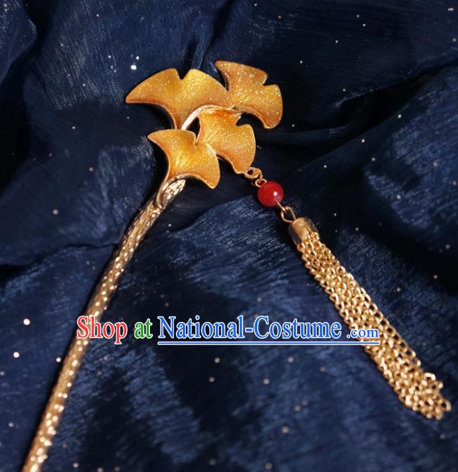 Chinese Ancient Ming Dynasty Princess Golden Ginkgo Tassel Hairpins Traditional Hanfu Court Hair Accessories for Women