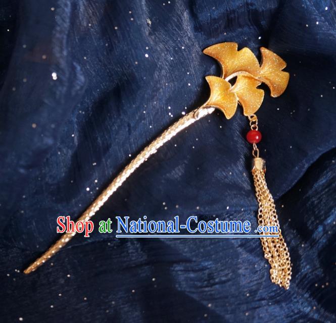 Chinese Ancient Ming Dynasty Princess Golden Ginkgo Tassel Hairpins Traditional Hanfu Court Hair Accessories for Women