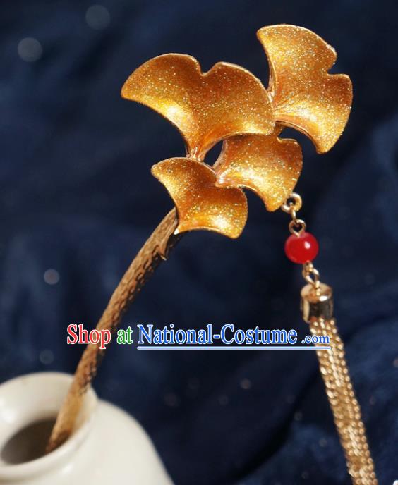 Chinese Ancient Ming Dynasty Princess Golden Ginkgo Tassel Hairpins Traditional Hanfu Court Hair Accessories for Women