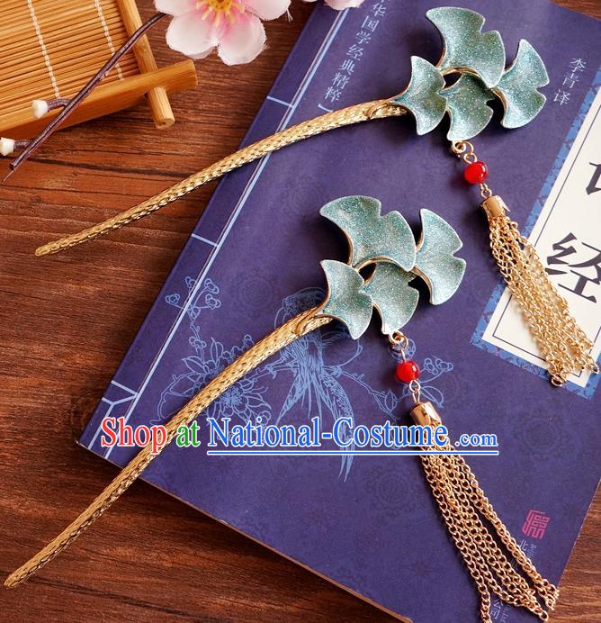 Chinese Ancient Ming Dynasty Princess Blue Ginkgo Tassel Hairpins Traditional Hanfu Court Hair Accessories for Women