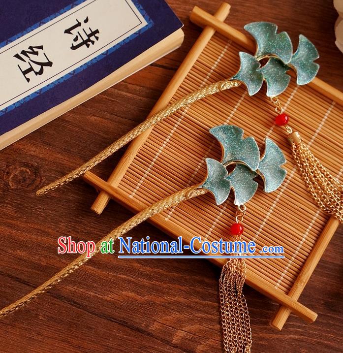 Chinese Ancient Ming Dynasty Princess Blue Ginkgo Tassel Hairpins Traditional Hanfu Court Hair Accessories for Women