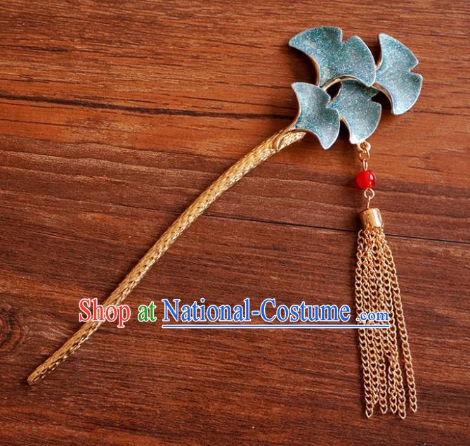 Chinese Ancient Ming Dynasty Princess Blue Ginkgo Tassel Hairpins Traditional Hanfu Court Hair Accessories for Women