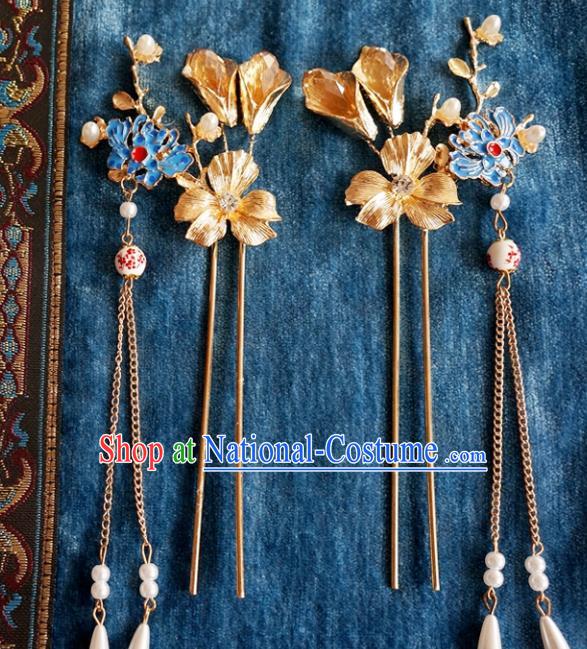 Chinese Ancient Ming Dynasty Princess Blueing Lotus Tassel Hairpins Traditional Hanfu Court Hair Accessories for Women