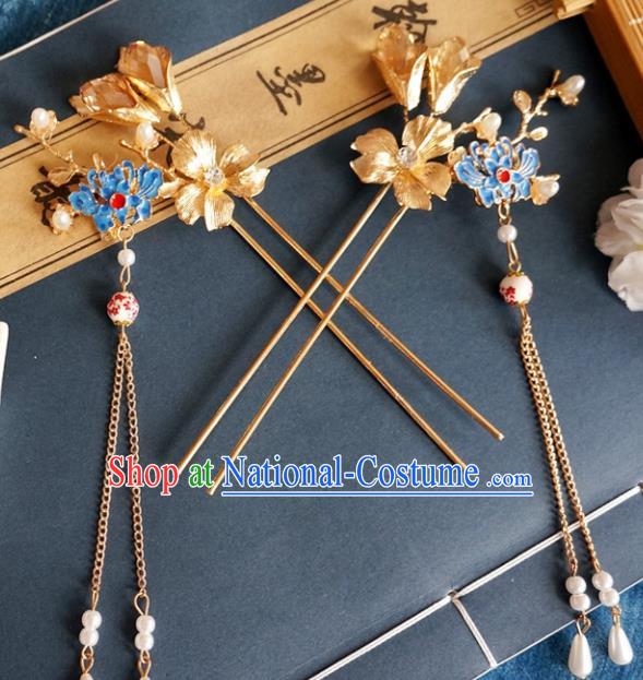 Chinese Ancient Ming Dynasty Princess Blueing Lotus Tassel Hairpins Traditional Hanfu Court Hair Accessories for Women