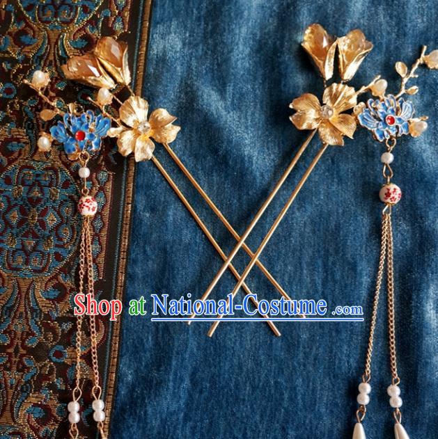 Chinese Ancient Ming Dynasty Princess Blueing Lotus Tassel Hairpins Traditional Hanfu Court Hair Accessories for Women