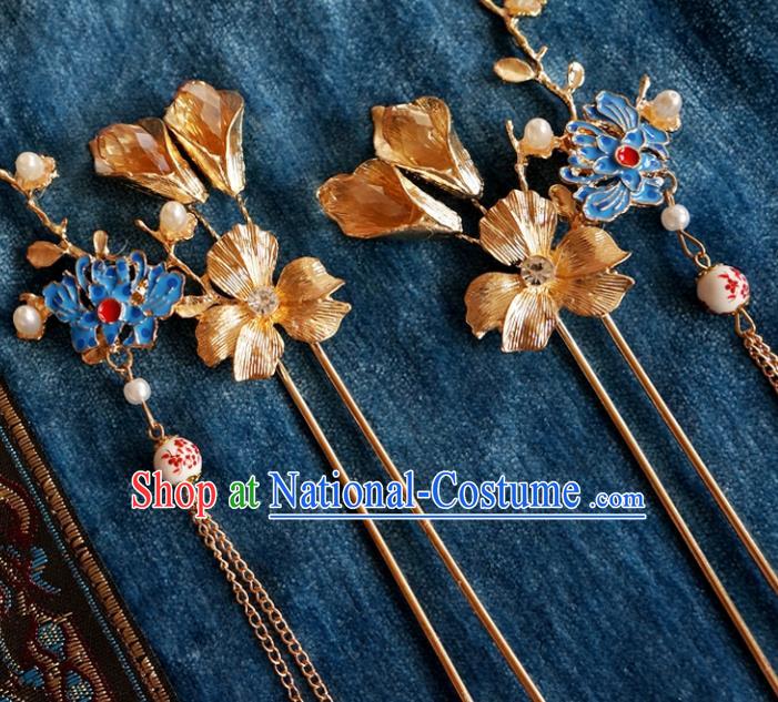 Chinese Ancient Ming Dynasty Princess Blueing Lotus Tassel Hairpins Traditional Hanfu Court Hair Accessories for Women