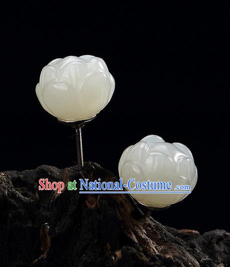 Chinese Traditional Hanfu Court White Jade Lotus Ear Accessories Ancient Qing Dynasty Princess Earrings for Women