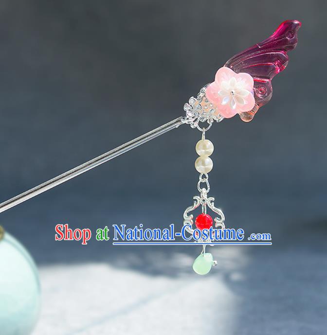 Chinese Ancient Ming Dynasty Princess Rosy Wing Tassel Hairpins Traditional Hanfu Court Hair Accessories for Women