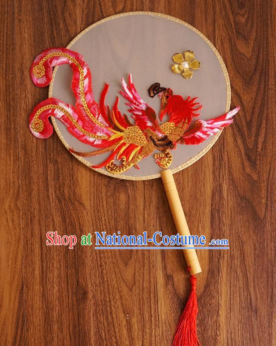 Chinese Traditional Hanfu Handmade Red Phoenix Palace Fans Ancient Princess Silk Round Fan for Women