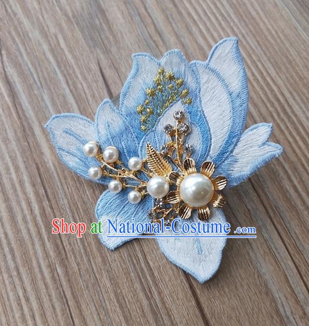 Chinese Traditional Hanfu Embroidered Blue Magnolia Brooch Pendant Ancient Cheongsam Breastpin Accessories for Women