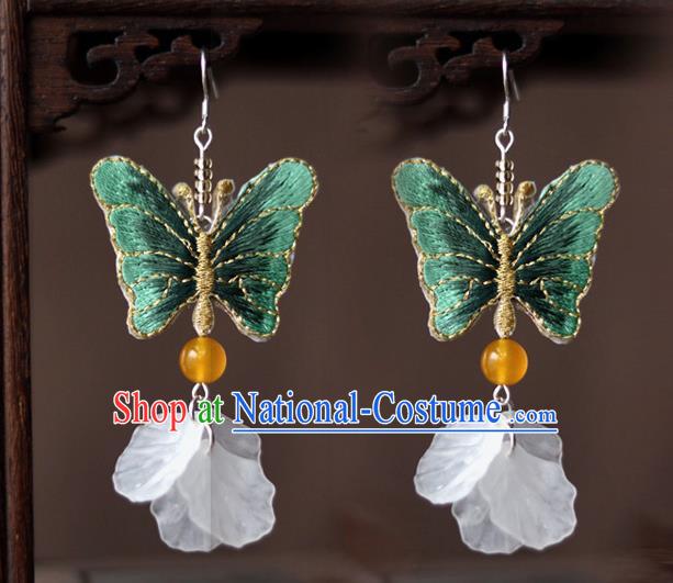 Chinese Traditional Hanfu Court Embroidered Green Butterfly Ear Accessories Ancient Ming Dynasty Princess Earrings for Women