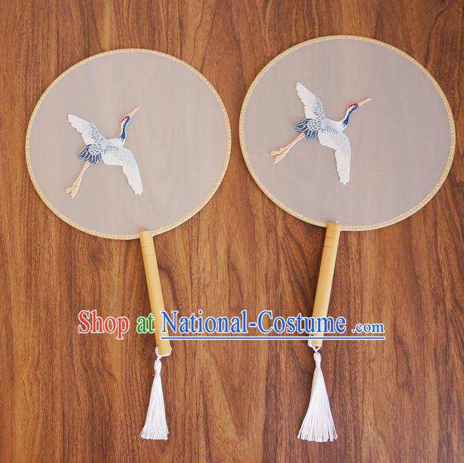 Chinese Traditional Hanfu Palace Fans Ancient Princess Embroidered Crane Silk Round Fan for Women