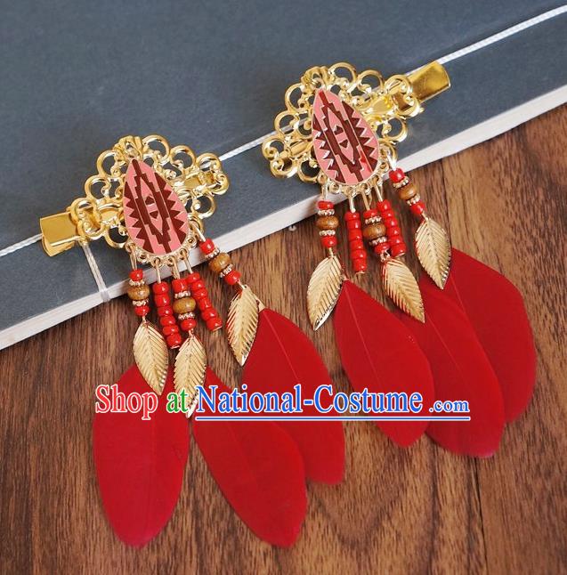 Chinese Ancient Princess Red Feather Hair Claws Hairpins Traditional Hanfu Court Hair Accessories for Women