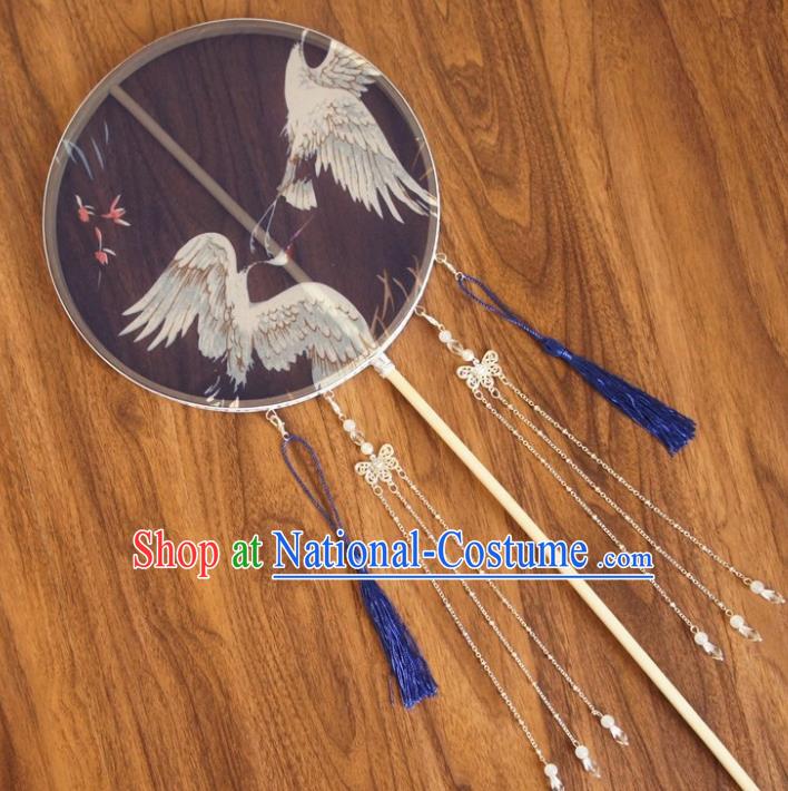 Chinese Traditional Hanfu Blue Tassel Palace Fans Ancient Princess Silk Round Fan for Women