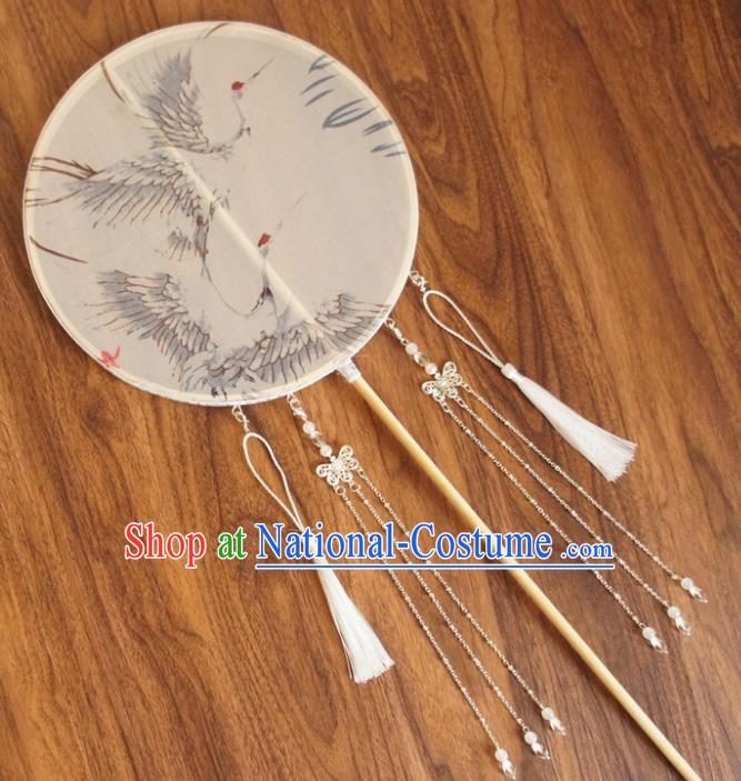 Chinese Traditional Hanfu White Tassel Palace Fans Ancient Princess Silk Round Fan for Women