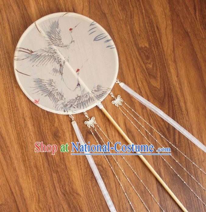 Chinese Traditional Hanfu White Ribbon Palace Fans Ancient Princess Silk Round Fan for Women