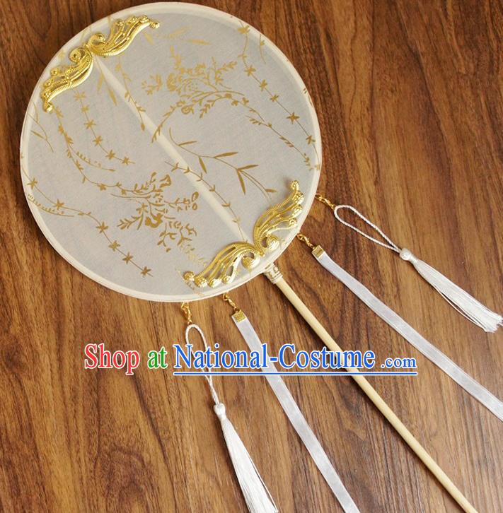 Chinese Traditional Hanfu White Silk Palace Fans Ancient Princess Round Fan for Women