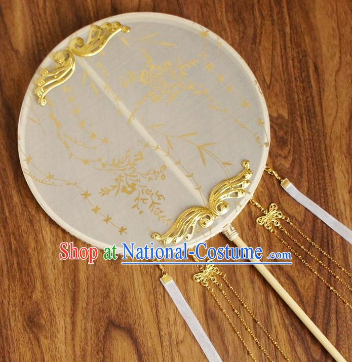 Chinese Traditional Hanfu White Silk Tassel Palace Fans Ancient Princess Round Fan for Women