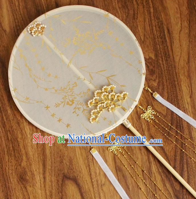 Chinese Traditional Hanfu White Silk Palace Fans Ancient Princess Pine Round Fan for Women