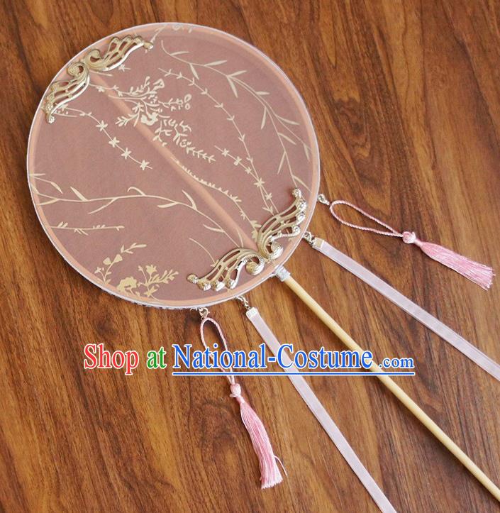 Chinese Traditional Hanfu Printing Palace Fans Ancient Princess Pink Silk Round Fan for Women